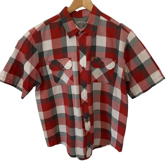 Orvis Shirt Mens Large Button Up Fishing Red Buffalo Plaid Short Sleeve Pockets - Picture 2 of 4